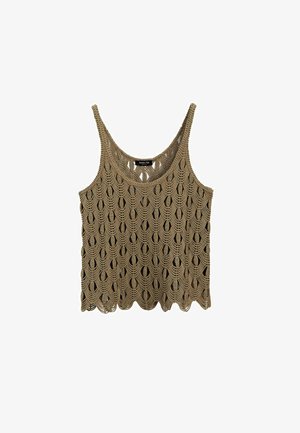 Beige hæklede tanktop med bølget, løkke-stikning og tynde skulderstropper, mærket "Massimo Dutti" inde i halsudskæringen.