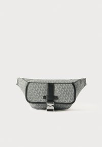 Gray fabric fanny pack with subtle logo pattern, black leather strap and accents, magnetic clasp, and flat design for easy wear.