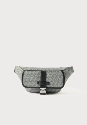 Gray fabric fanny pack with subtle logo pattern, black leather strap and accents, magnetic clasp, and flat design for easy wear.