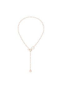 Rose guld kædedyse med forlængede led, der har en toggle-lås og en hængende kæde med en rund vedhæng.