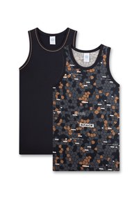 Black and patterned tank tops. One features a solid black design; the other has a hexagonal pattern in dark gray, orange, and white.