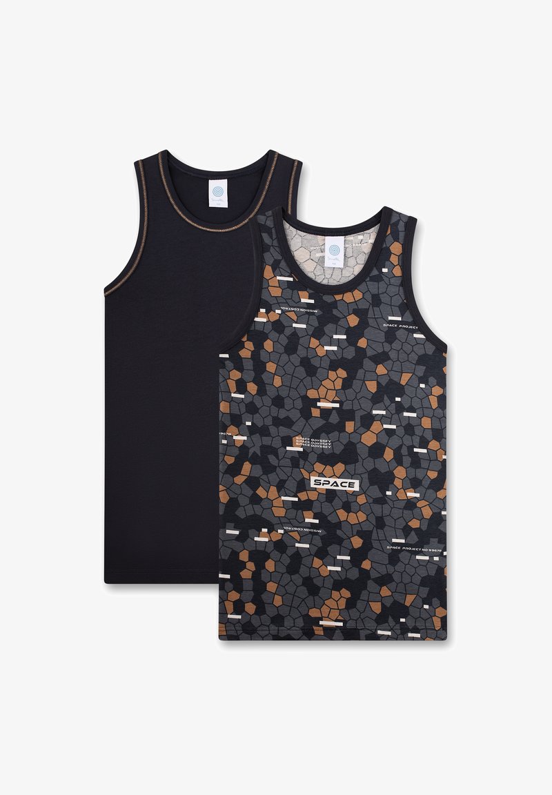 Black and patterned tank tops. One features a solid black design; the other has a hexagonal pattern in dark gray, orange, and white.
