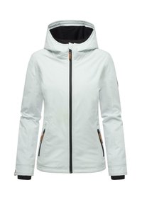 Veste blanche isolée avec capuche, doublure noire, fermeture éclair centrale avec un bord noir et poches latérales avec des accents marron.