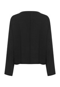 Black cropped sweater with long sleeves, round neckline, and a textured fabric. Features a central seam down the back and side slits.