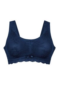Reggiseno in pizzo blu navale con spalline larghe, tessuto testurizzato e un piccolo fiocco al centro. Presenta una finitura liscia e semi-opaca.