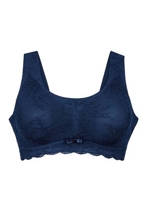 Marineblauer Spitzen-BH mit breiten Trägern, strukturiertem Stoff und einer kleinen Schleifen-Akzent in der Mitte. Verfügt über eine glatte, semi-matte Oberfläche.