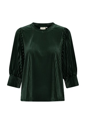 Blouse verte à côtes avec un col rond, des manches bouffantes et une texture brillante, présentant des rayures verticales et une coupe décontractée.