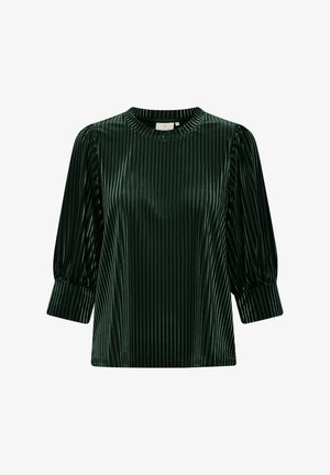 Zeleno rebrasto bluzo z okroglim izrezom, nabranimi rokavi in sijajno teksturo, ki ima navpične črte in sproščen kroj.