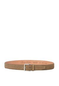 Cintura in suede marrone con superficie liscia e fibbia in metallo argentato. Presenta fori multipli per la regolazione della misura. Branding stampato all'interno.