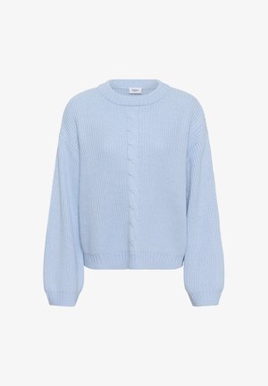 Helehall sinakas kudumispulkadega kampsun, millel on keskel palmikmuster, langetatud õlad, pikad õhulised varrukad ning soonilised mansetid ja alläär.