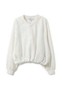 Sudadera blanca tipo pulóver hecha de tela suave, con escote en V, mangas raglán, dobladillo fruncido y puños elásticos para un ajuste cómodo.