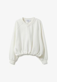 Sudadera blanca tipo pulóver hecha de tela suave, con escote en V, mangas raglán, dobladillo fruncido y puños elásticos para un ajuste cómodo.