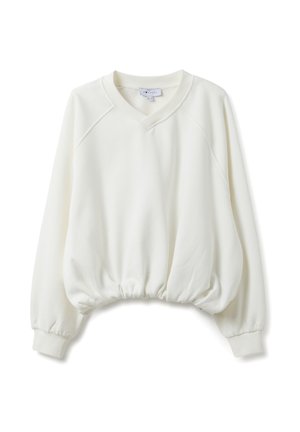 Weißer Pullover aus weichem Stoff mit V-Ausschnitt, Raglanärmeln, gerafftem Saum und elastischen Bündchen für eine lockere Passform.