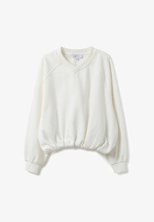 Weißer Pullover aus weichem Stoff mit V-Ausschnitt, Raglanärmeln, gerafftem Saum und elastischen Bündchen für eine lockere Passform.