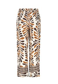 Pantalons en tissu léger avec un fond crème et des motifs de feuilles brunes et orange. Dotés d'une taille élastique et de détails décoratifs à l'ourlet.