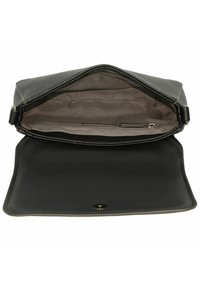 Borsa a mano in pelle nera con apertura superiore, rivestimento interno grigio, tasca con zip e chiusura a scatto magnetico.