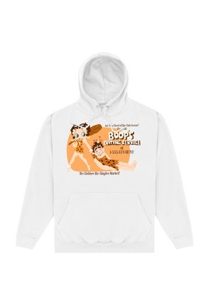 Biała bluza z kapturem z graficznym nadrukiem przedstawiającym dwóch bohaterów w stylu jaskiniowców, z zabawnym tekstem reklamującym serwis randkowy.