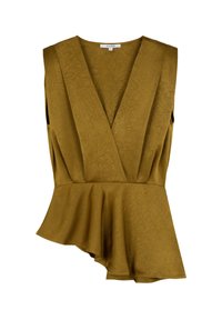 Senfgelbes Peplum-Top aus strukturiertem Stoff, mit tiefem V-Ausschnitt und ärmellosem Design sowie asymmetrischem Saum.