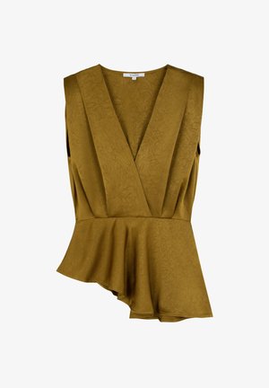 Senfgelbes Peplum-Top aus strukturiertem Stoff, mit tiefem V-Ausschnitt und ärmellosem Design sowie asymmetrischem Saum.