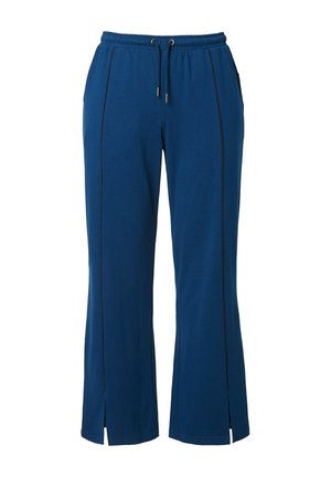 Modré elastické kalhoty s elastickým pasem, šňůrkou a bočními rozparky. Na švech kontrastně černě lemované.