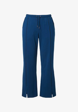 Pantalon bleu stretch avec taille élastique, cordon de serrage et fentes latérales. Présente un passepoil contrastant noir le long des coutures.