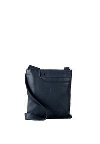 Navy leather crossbody bag with a simple design, featuring a flat front pocket and an adjustable strap for convenience.