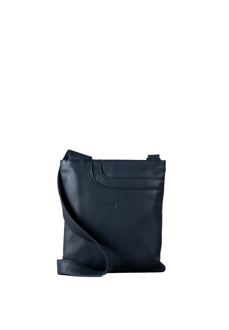 Navy leather crossbody bag with a simple design, featuring a flat front pocket and an adjustable strap for convenience.