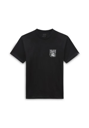 Schwarzes Baumwoll-T-Shirt mit einem kleinen, gestickten Design auf der linken Brust, das eine Hand in einem kreisförmigen Motiv zeigt. Kurzarm, Rundhalsausschnitt.