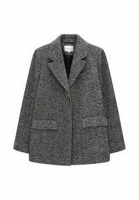 Valkoinen ja musta herringbone-kuvioinen bleiseri, jossa on mallikohtaiset kaulukset, yksittäinen nappikiinnitys ja kaksi etutaskua.