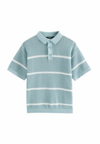 Hele sinine lühikeste varrukatega polo särk, mis on valmistatud tekstuuriga kudumist, ning millel on horisontaalsed valged triibud ja kaks nööpaukku.