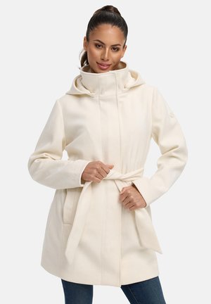 Cream-colored faux wool coat with a high neck, hood, and belted waist. Features side pockets and a logo on the left sleeve.