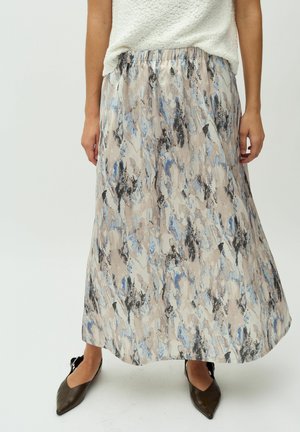 Long, flowing skirt with an elastic waist, featuring a multicolored abstract pattern in beige, blue, and black. Lightweight fabric.