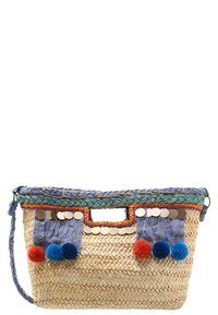 Woven straw handbag with a blue braided handle, colorful pom-poms, metallic accents, and decorative fabric panels. Rectangular shape.