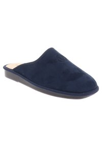 Pantofole blu navy senza chiusura con tomaia in morbido suede, punta arrotondata e suola piatta in gomma. Presenta cuciture minime e un dettaglio logo discreto.