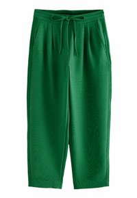 Groene, lichte, losse broek met een trekkoord in de taille, zijzakken en subtiele textuurdetails. Casual ontwerp geschikt voor verschillende activiteiten.