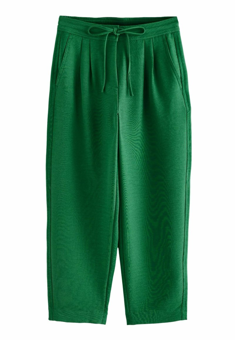 Groene, lichte, losse broek met een trekkoord in de taille, zijzakken en subtiele textuurdetails. Casual ontwerp geschikt voor verschillende activiteiten.