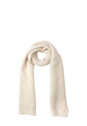 Ljus beige, texturerad scarf gjord av mjuk ull. Lång och rektangulär form med en något fransad kant för en avslappnad stil.