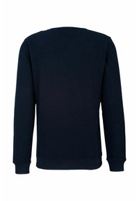 Felpa a maniche lunghe blu scuro vista da dietro, con polsini e orlo a coste, semplice senza loghi o motivi.