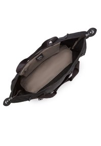 Borsa nera con zip sulla parte superiore, dotata di foderatura interna beige, manici robusti e un'etichetta logo visibile. Superficie esterna testurizzata.