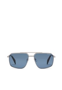 Lunettes de soleil à monture métallique avec verres rectangulaires teintés en bleu et pont fin, dotées d'embouts de branches noirs et d'un marquage discret dans le coin supérieur.