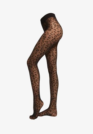 Schwarze, durchsichtige Strumpfhosen mit einem braunen Leopardenmuster. Sanfte Textur mit einem elastischen Bund. Fußlose Ausführung, die die Beine betont.