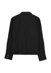 Schwarzes Langarmshirt mit kragenförmigem Ausschnitt, geradem Schnitt und geknöpften Manschetten. Glattes Material, minimalistisches Design, keine sichtbaren Muster.