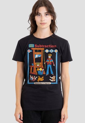 Person wearing black tee showing cartoon guillotine, child pulling rope, and four doll bodies beneath, labeled "Learn About Subtraction."