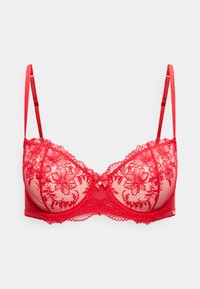 Κόκκινο δαντελένιο σουτιέν με κεντήματα λουλουδιών, ρυθμιζόμενους ιμάντες, εσωτερική ενίσχυση με μπανέλα και ένα μικρό φιόγκο με χάντρα μαργαριταριού στο κέντρο μπροστά.