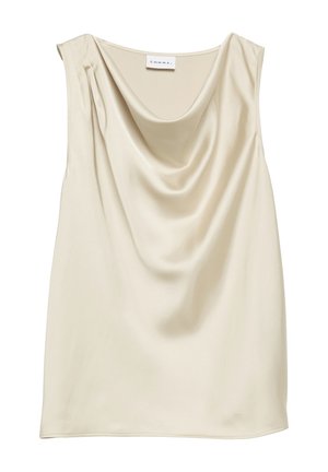 Ärmelloses cremefarbenes Satintop mit drapiertem Wasserfallausschnitt und einem kleinen Falten-Detail an einer Schulter.