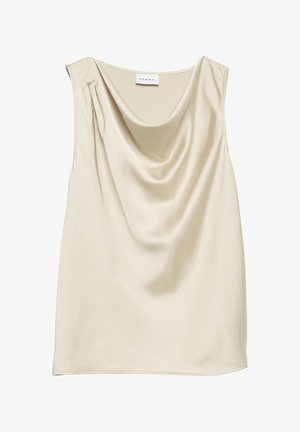 Ärmelloses cremefarbenes Satintop mit drapiertem Wasserfallausschnitt und einem kleinen Falten-Detail an einer Schulter.