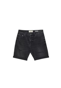 Shorts en jean noir au look usé, avec des ourlets retournés, cinq poches et une fermeture à bouton. Étiquette sur la taille : Pull&Bear.