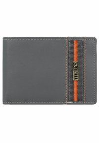 Gray leather wallet featuring an orange and gray striped elastic band, with a metal logo accent. Stitched edges and textured finish.