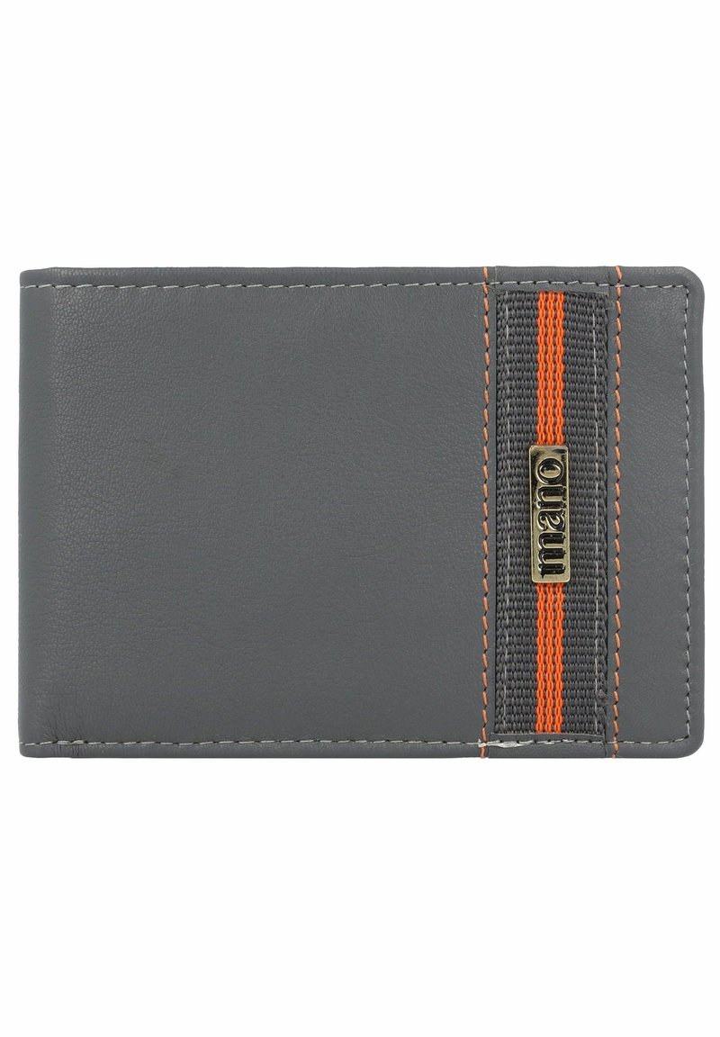 Gray leather wallet featuring an orange and gray striped elastic band, with a metal logo accent. Stitched edges and textured finish.