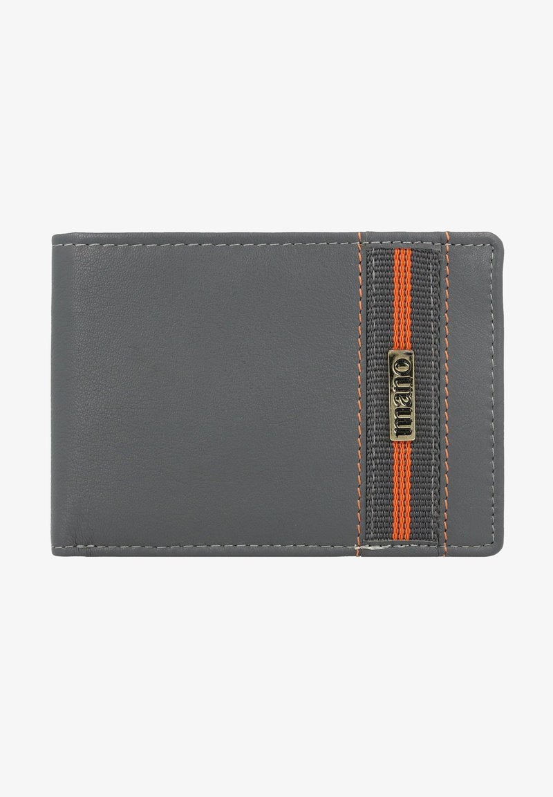 Grijze leren portemonnee met een oranje en grijs gestreepte elastische band, voorzien van een metalen logo-accent. Gestikte randen en een gestructureerde afwerking.